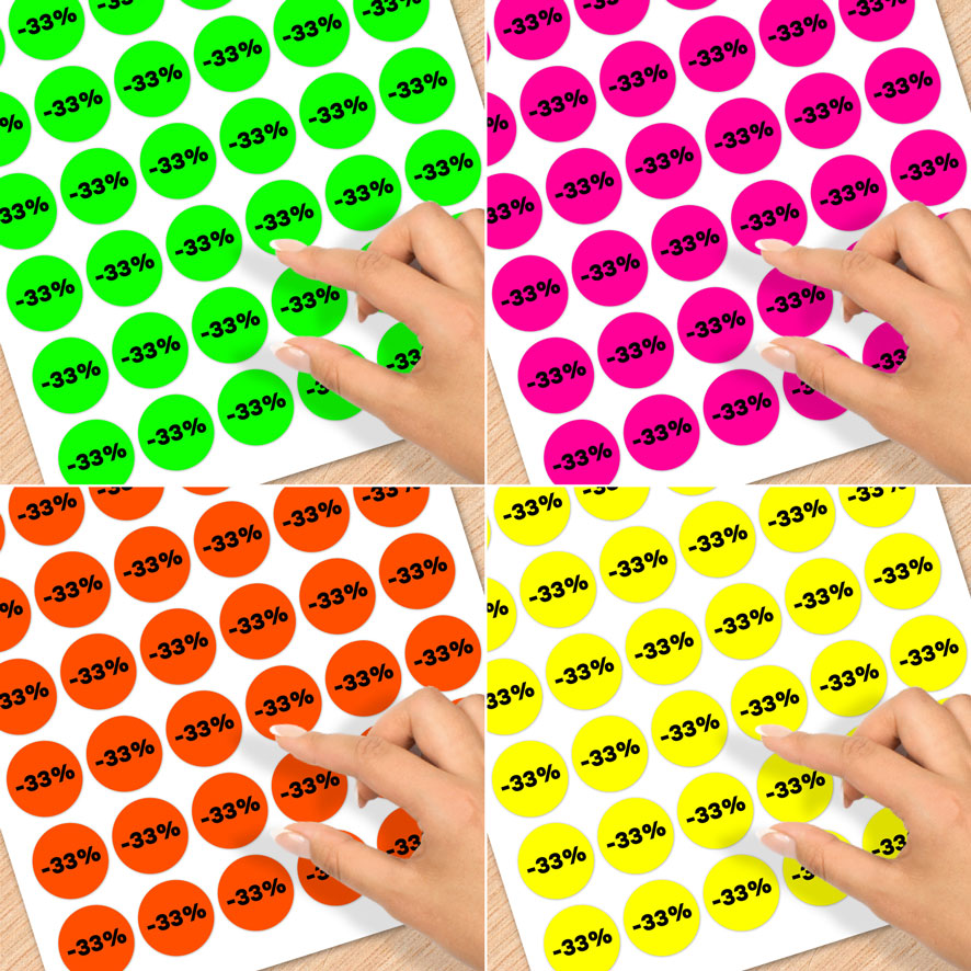 Stickervel A4 kortingsstickers fluor met eigen percentage groen, roze, oranje, geel rond 30mm