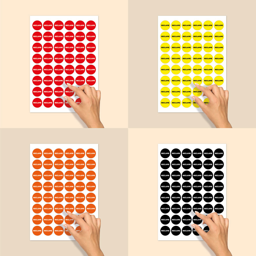 Stickervel A4 reclame stickers rood, geel, oranje, zwart rond 30mm