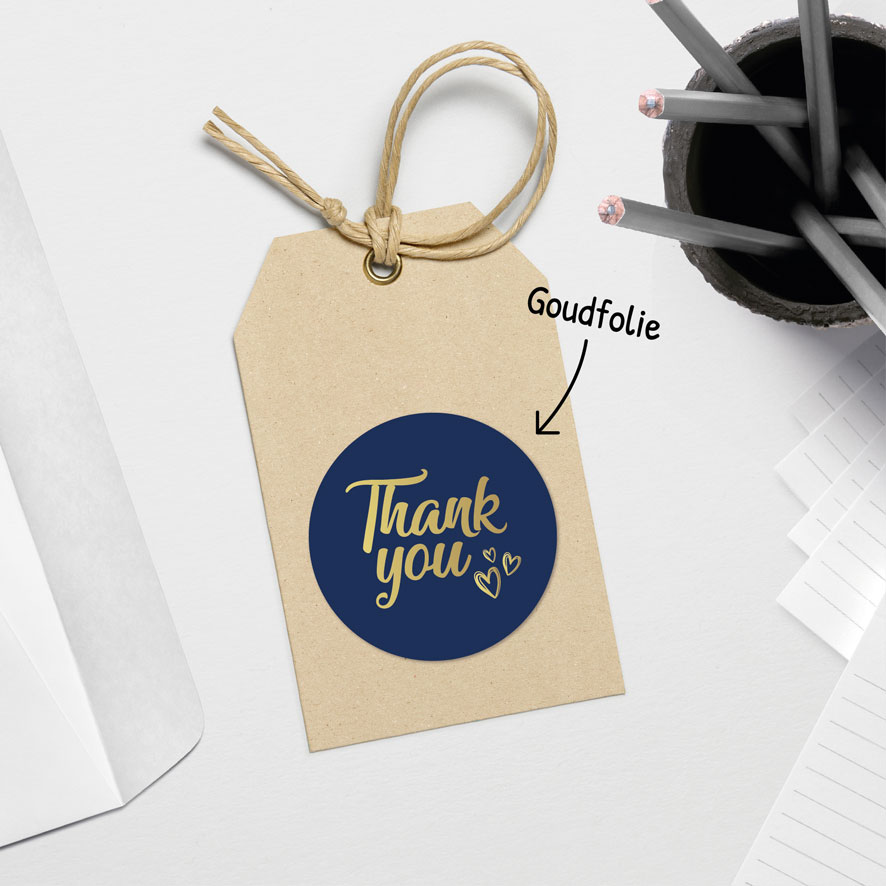 Thank you stickers goud donkerblauw rond hangtag