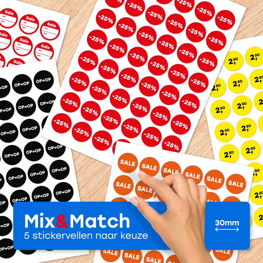 Stickervel A4 Mix&Match rond 30mm rood, geel, oranje, zwart rond 30mm