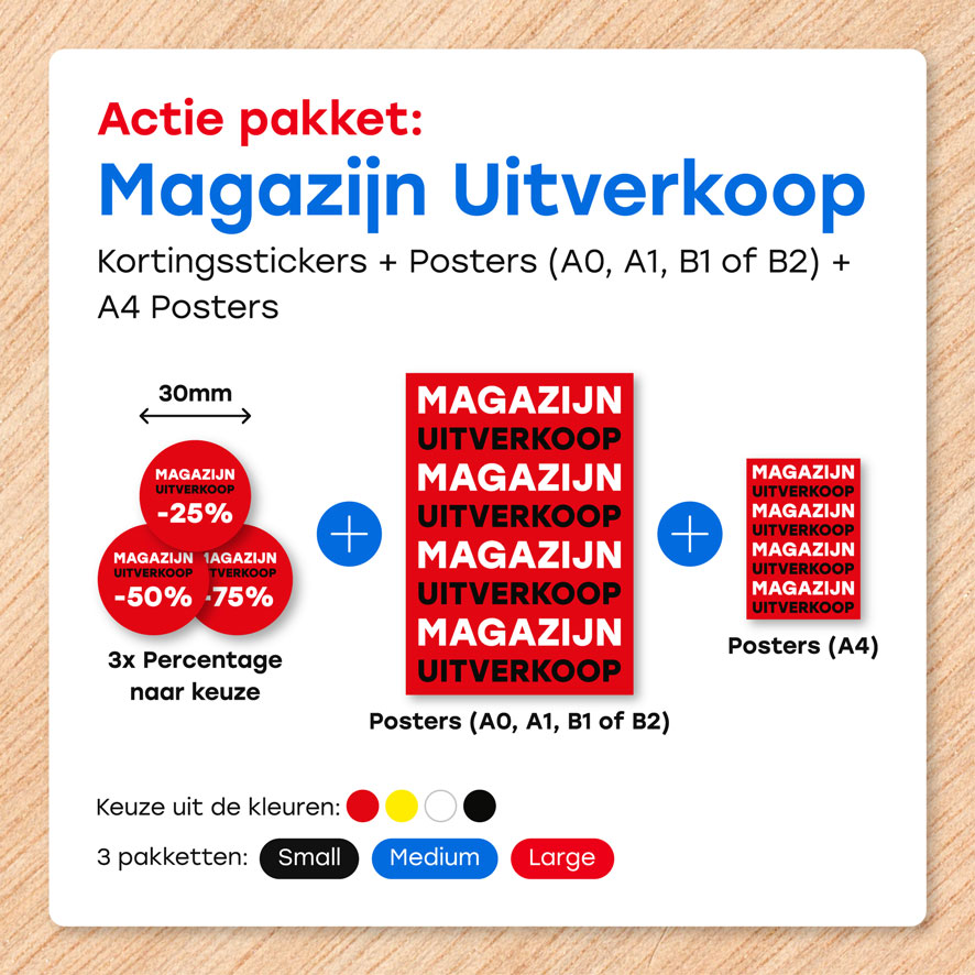 Magazijn Uitverkoop poster, Kortingsstickers, pakketten