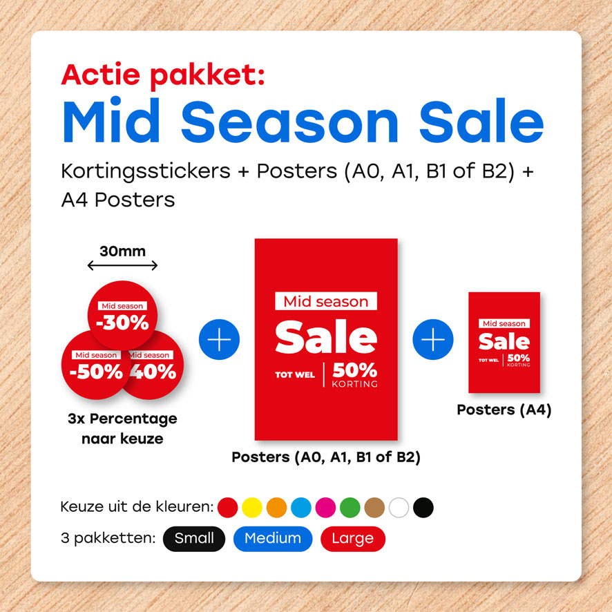 Mid Season Sale poster, Kortingsstickers, kleuren en pakketten
