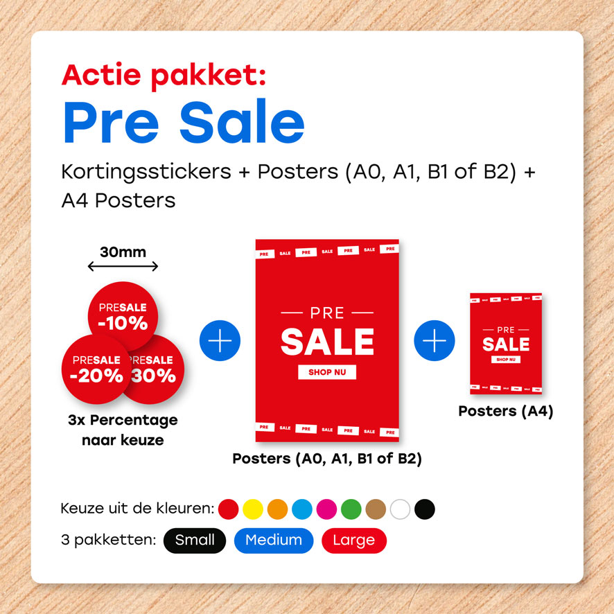 Pre Sale poster, Kortingsstickers, kleuren en pakketten