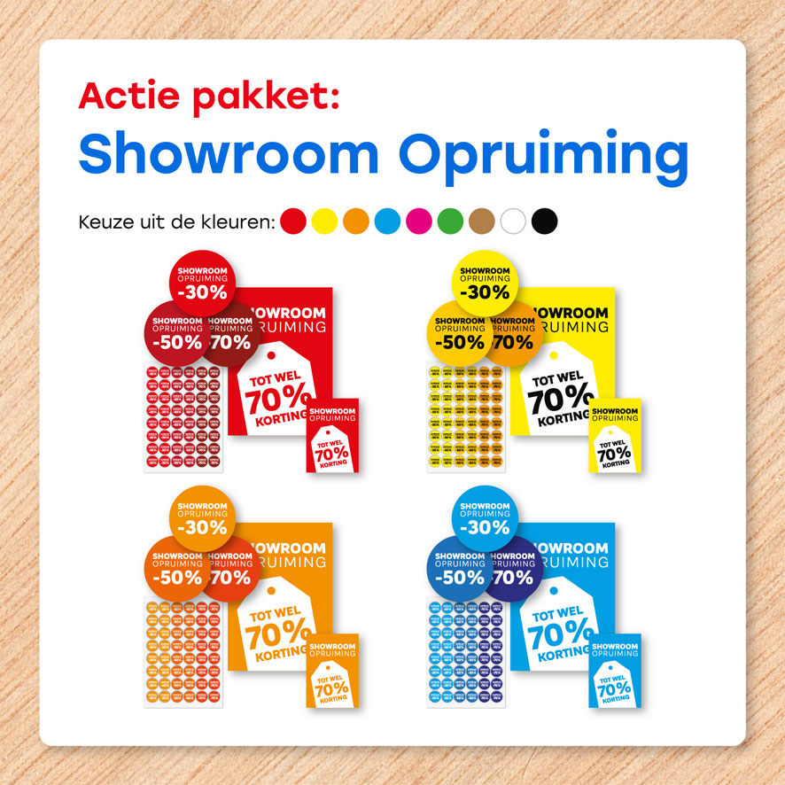 Showroom Opruiming poster, Kortingsstickers kleuren rood, geel, oranje, blauw