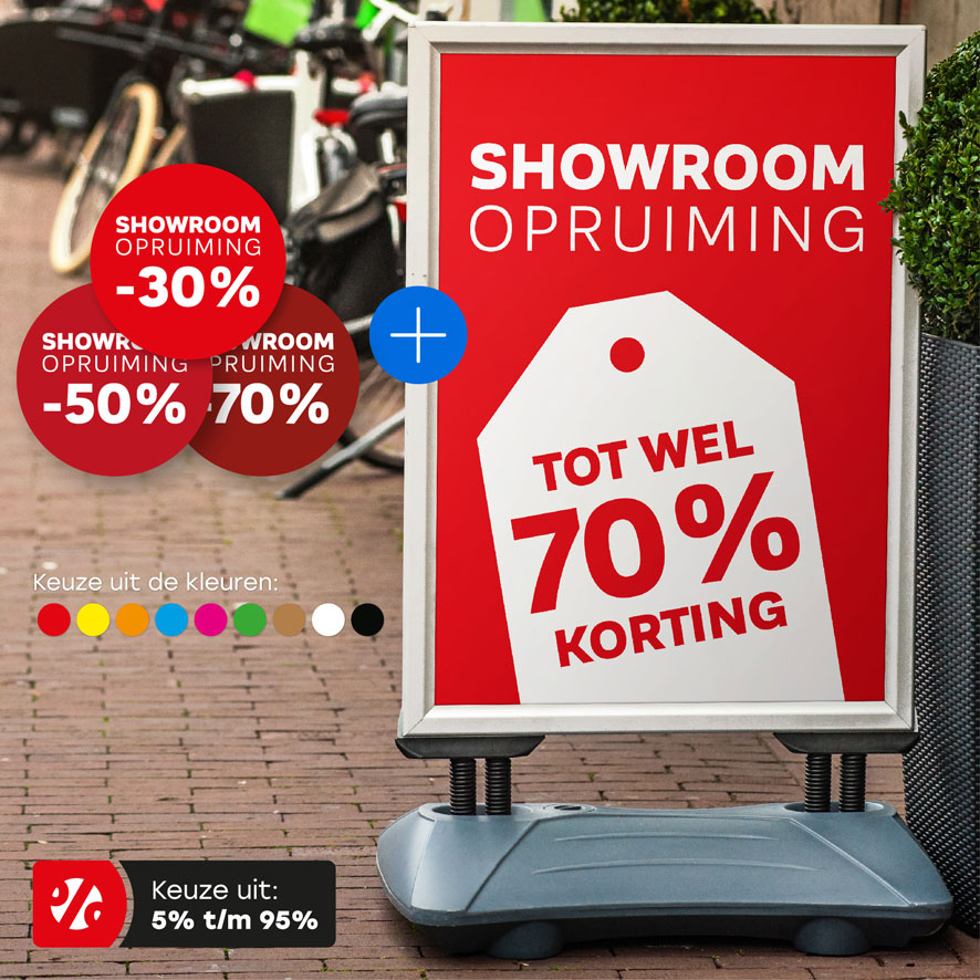 Showroom Opruiming poster, Kortingsstickers stoepbord