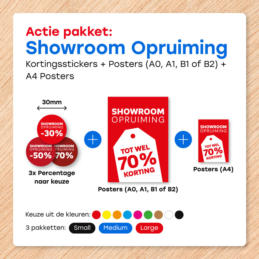 Showroom Opruiming poster, Kortingsstickers, pakketten