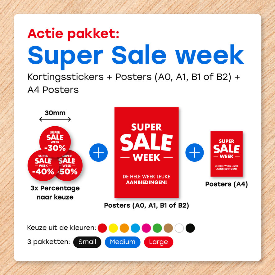 Super Sale week poster, Kortingsstickers, kleuren en pakketten