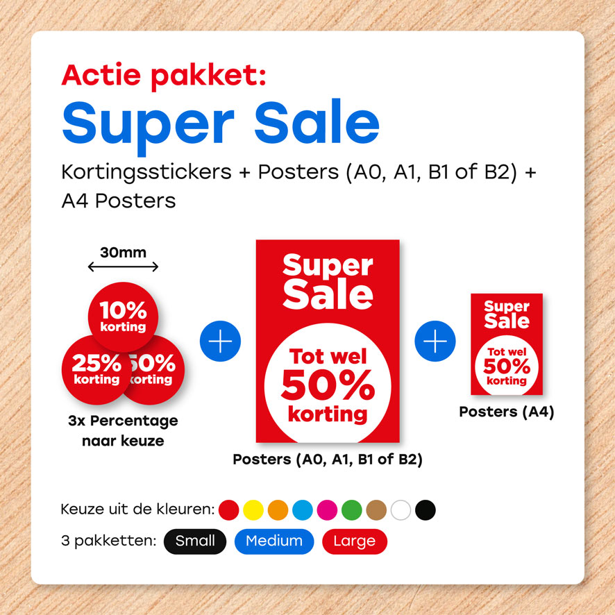 Super Sale poster, Kortingsstickers, kleuren en pakketten
