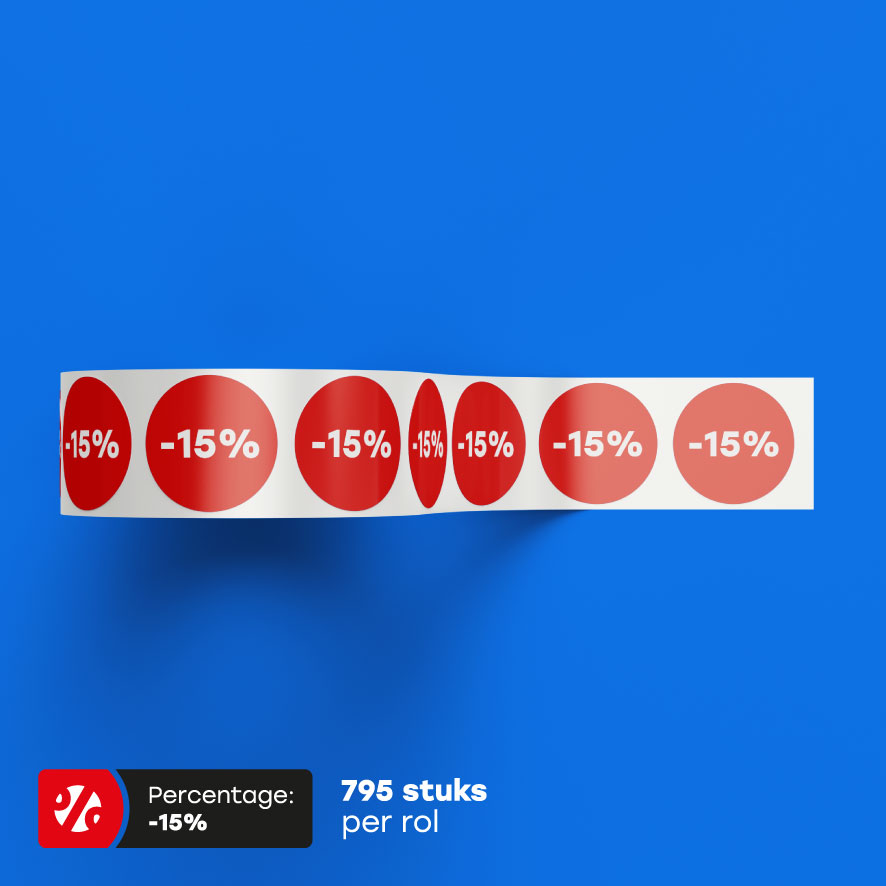 Kortingsstickers op rol -15% rood rond 30mm bovenaanzicht