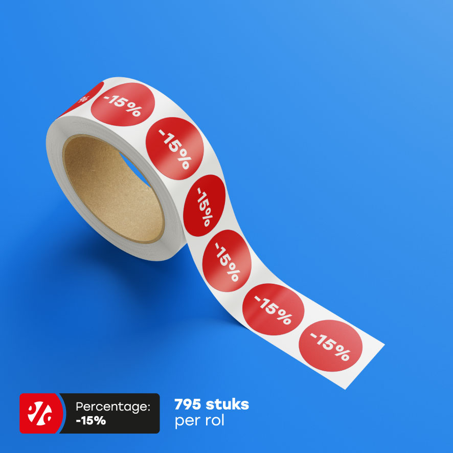 Kortingsstickers op rol -15% rood rond 30mm voorbeeld